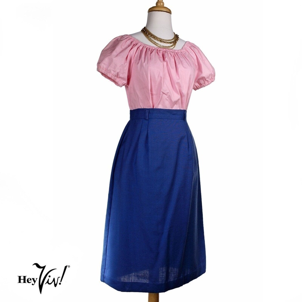 Vintage La Bene Blue Fitted Pencil Skirt w Back Buttoned Slit W27 L27 - Hey Viv